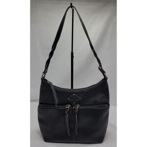 St Johns Bay Westbrook Black Pebbled Leather Shoulder Bag Purse Braided Strap